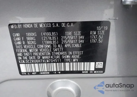 2020 Honda Hr-V Awd Ex-L из США, поврежденный, VIN 3CZRU6H7XLM704511